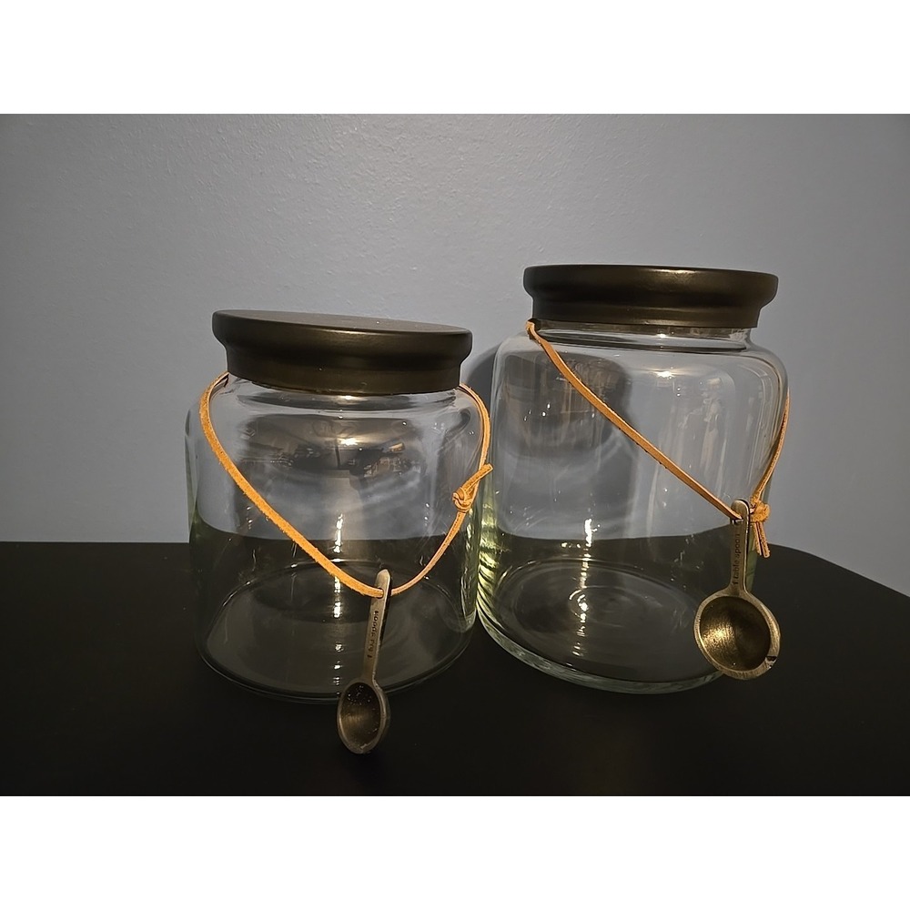 Pair of Clear Glass Jars Canisters Containers with Metal Lids & Measuring Spoons